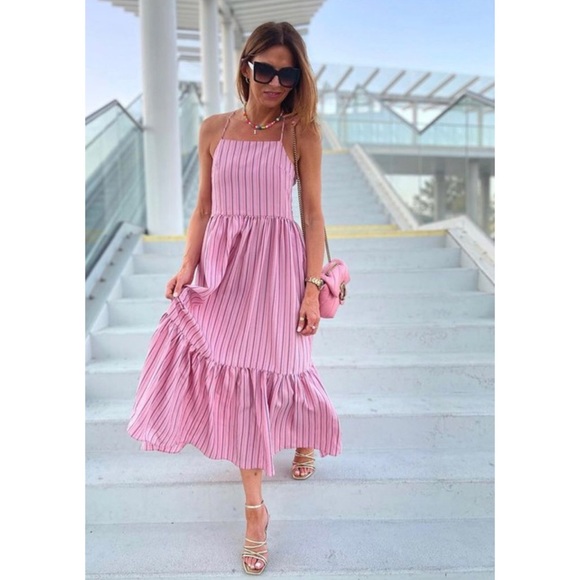 Zara Striped Strappy Poplin Maxi Dress Pink S - Picture 6 of 11
